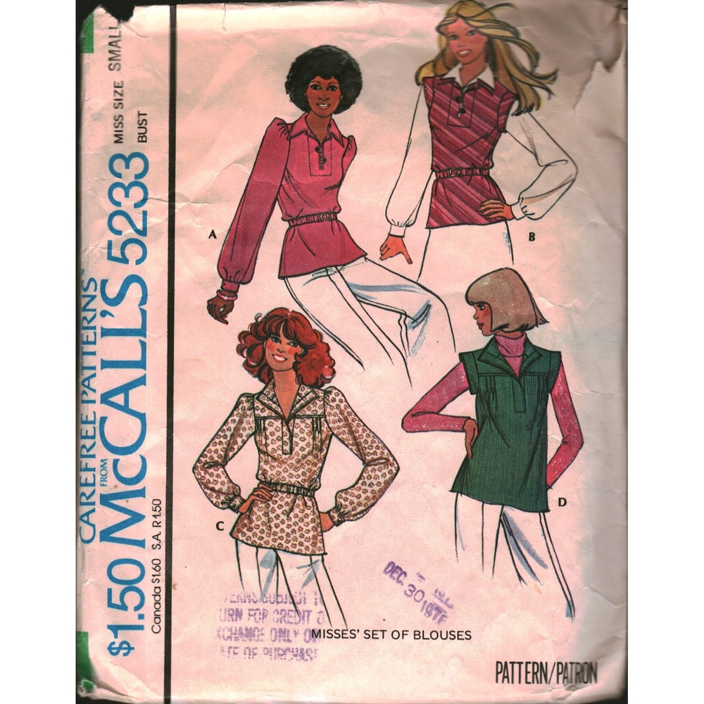 Vintage 1976 McCalls 5233 Sewing Pattern Misses Blouse Set Size Small 10-12 70s